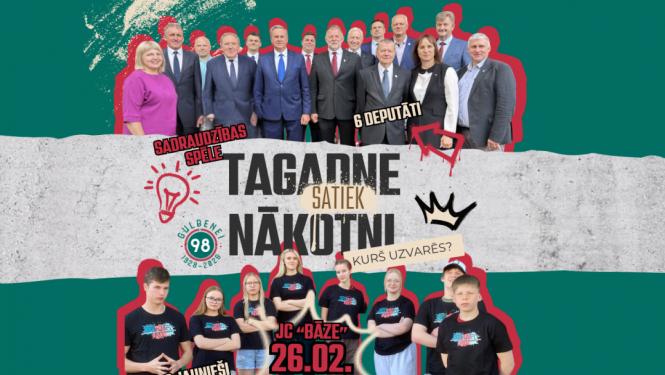 Tagadne satiek nākotni plakāts ar deputātiem un jauniešiem